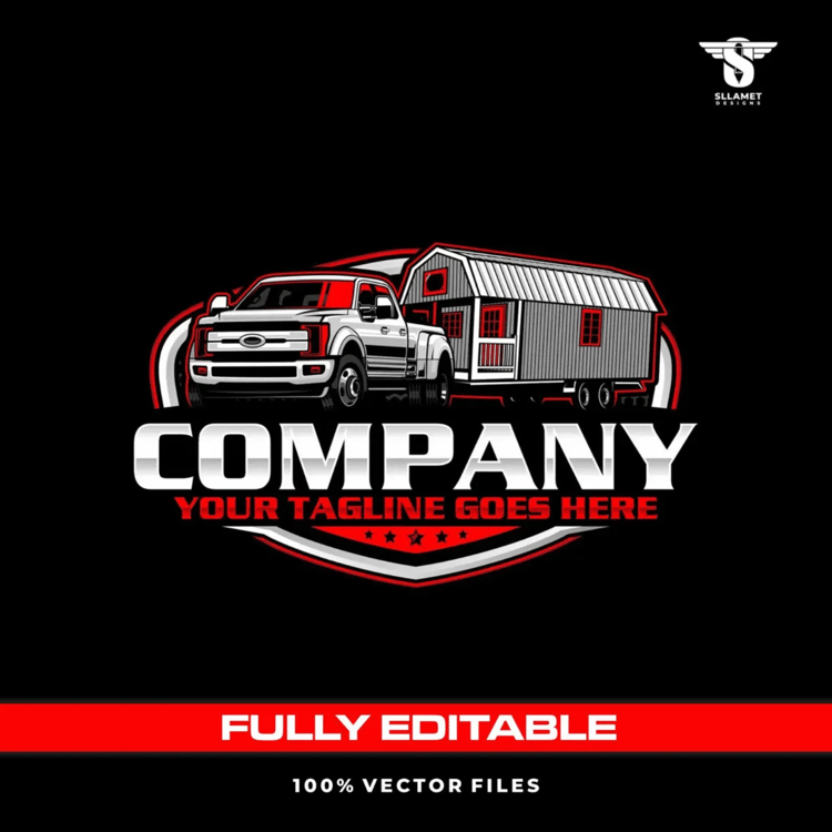 Shed moving vector logo featuring a white heavy-duty pickup truck towing a gray portable storage building with red doors and windows on a tandem-axle trailer, red and silver shield badge, bold company lettering, red stars and customizable tagline on a bla