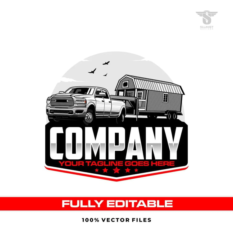 Shed moving vector logo featuring a white heavy-duty pickup truck towing a gray portable storage building with red doors and windows on a tandem-axle trailer, red and silver shield badge, bold company lettering, red stars and customizable tagline on a bla