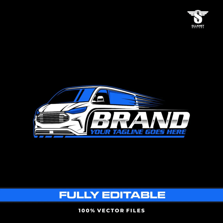 Delivery cargo van vector logo featuring a modern white commercial van with blue windows, detailed black front grille, dynamic blue speed lines, bold silver brand lettering and customizable blue tagline on a black background.