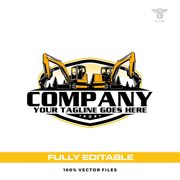 Dual mini excavator vector logo featuring two yellow compact tracked hydraulic diggers facing opposite directions, black digging buckets, pine tree silhouettes, black and yellow oval badge, bold company lettering, white stars and customizable tagline.