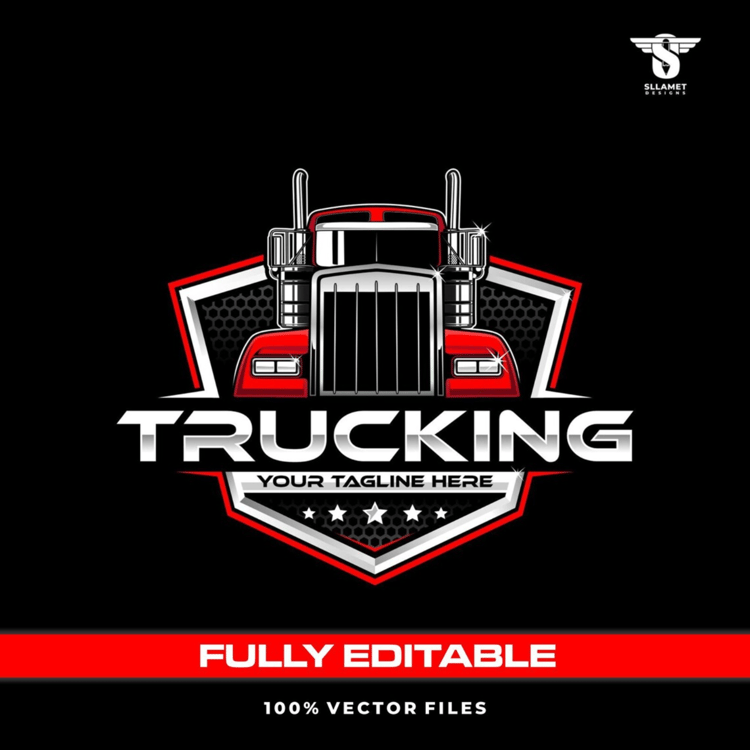Red semi truck front view vector logo featuring a large chrome grille, twin vertical exhaust stacks, black honeycomb shield with red and silver outlines, bold metallic TRUCKING lettering, white stars and customizable tagline on a black background.