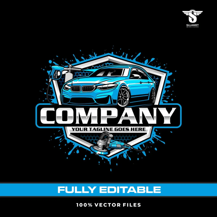 Blue sports car detailing vector logo featuring a modern performance sedan, pressure washing spray gun, car polishing machine, blue water splashes, black honeycomb shield, silver company lettering and customizable tagline on a black background.