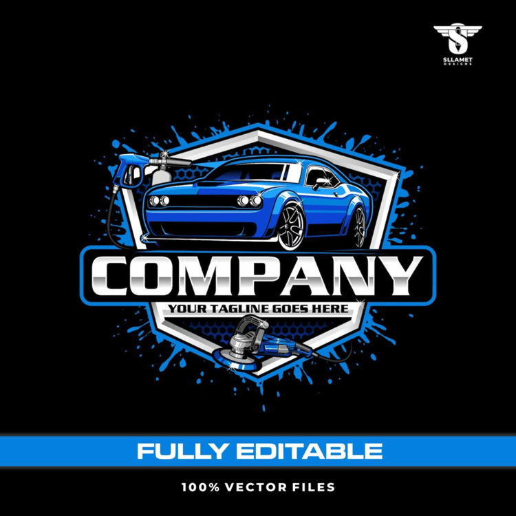 Blue American muscle car detailing vector logo featuring a sporty coupe with round headlights, pressure washing equipment, car polishing machine, blue water splashes, black honeycomb shield, silver company lettering and customizable tagline on a black bac
