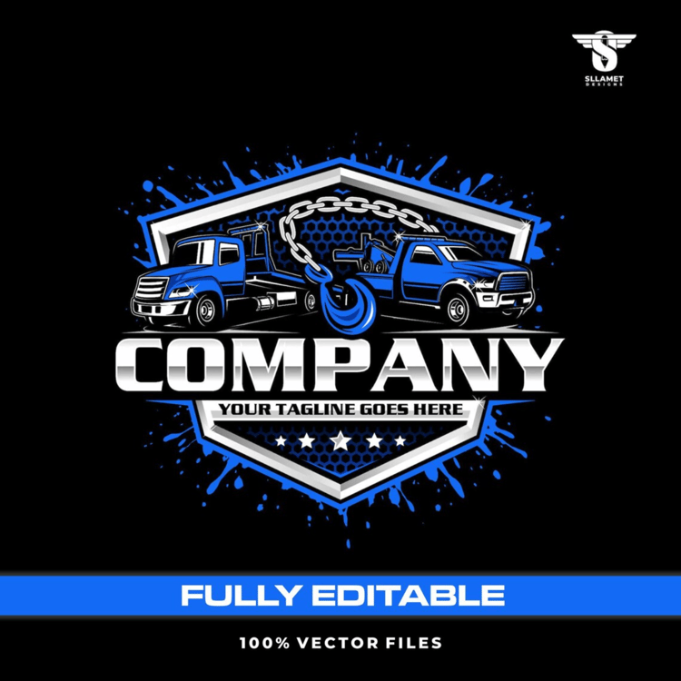 Blue towing and recovery vector logo featuring a heavy-duty tow truck, pickup recovery truck, silver towing chain, blue recovery hook, black honeycomb shield, blue paint splashes, silver company lettering and customizable tagline on a black background.