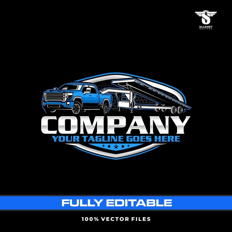 Gooseneck equipment trailer vector logo featuring a blue heavy-duty pickup truck towing a black and silver tilt deck trailer with raised loading platform, tandem axles, blue and silver shield badge, bold company lettering, blue stars and customizable tagl