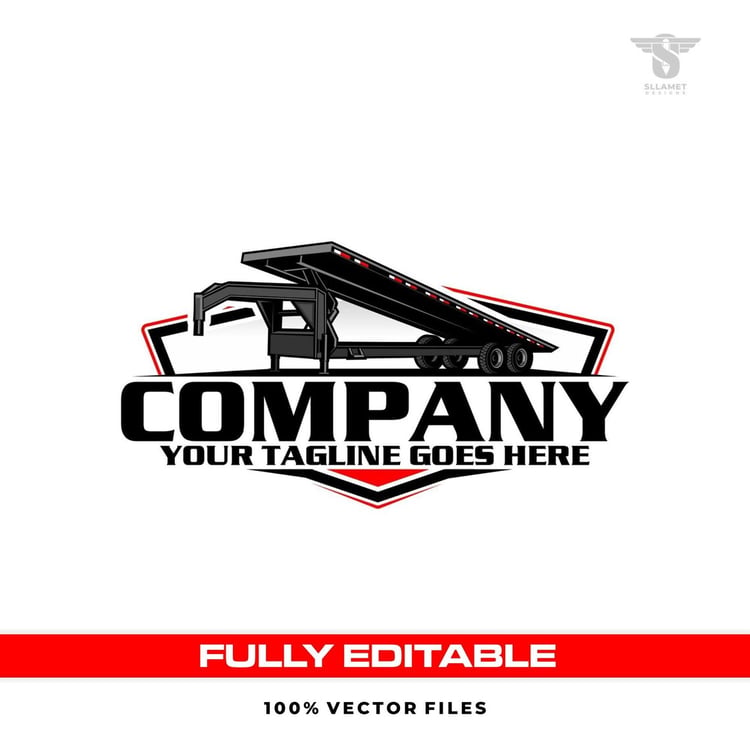 Black gooseneck tilt deck equipment trailer vector logo featuring a raised flatbed loading platform, tandem axle wheels, red and white reflective details, black and red shield badge, bold company lettering and customizable tagline.