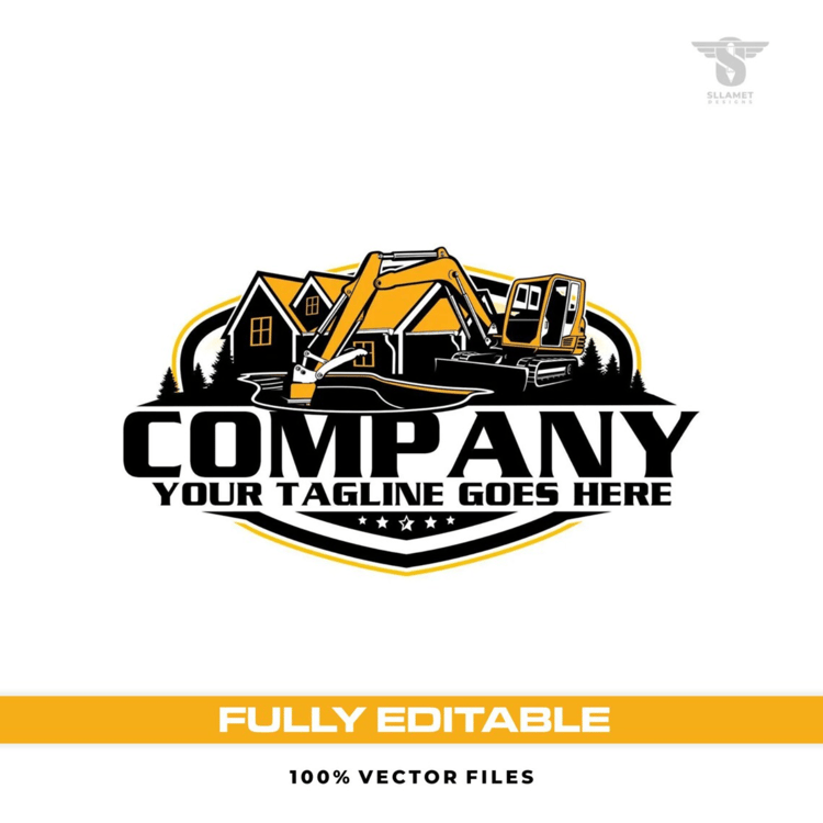 Yellow hydraulic excavator pool digging vector logo featuring a heavy tracked excavator beside a residential swimming pool excavation, house silhouettes, pine trees, black and yellow badge, bold company lettering, stars and customizable tagline.