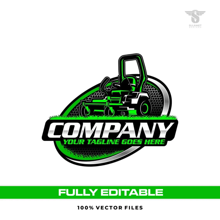 Green zero turn lawn mower vector logo featuring a commercial riding mower with cutting deck, rear tires, front caster wheels, protective roll bar, grass details, green and silver oval badge, bold company lettering and customizable tagline.