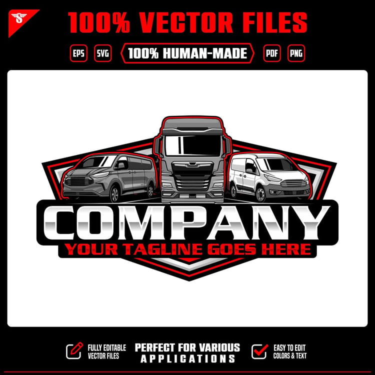 Commercial fleet vector logo featuring a gray passenger van, front-facing semi truck and white cargo delivery van, red and black shield badge, bold silver company lettering and customizable red tagline.