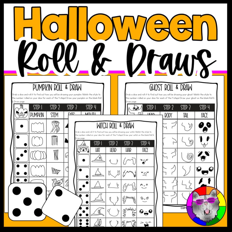 Halloween Roll and Draw Directed Drawing Art Game Halloween Drawing Activity