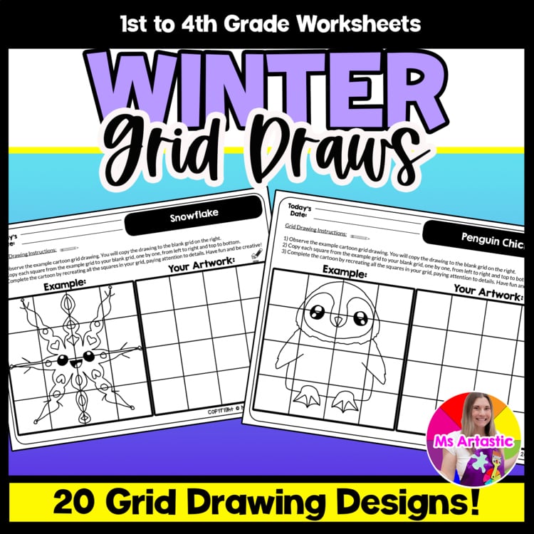 Winter Cartoon Grid Drawing Worksheets Winter Drawing Art Activities for Kids