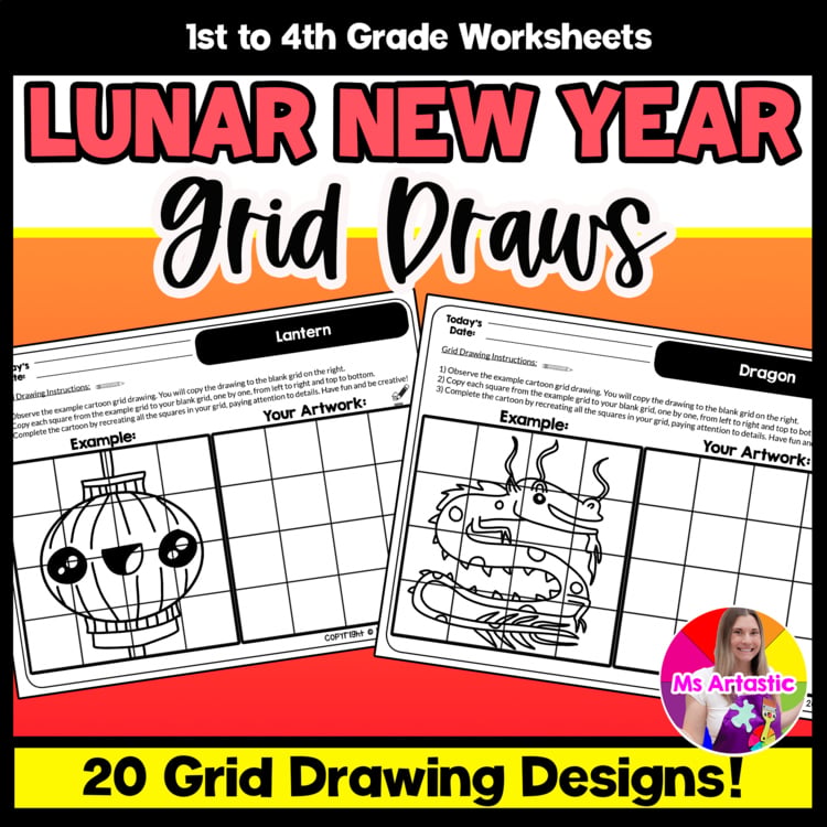 Lunar New Year Cartoon Grid Drawing Worksheets Chinese New Year Art Activity