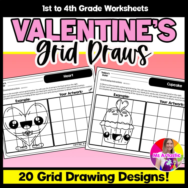 Valentines Day Cartoon Grid Drawing Worksheets Valentines Day Drawing Activities