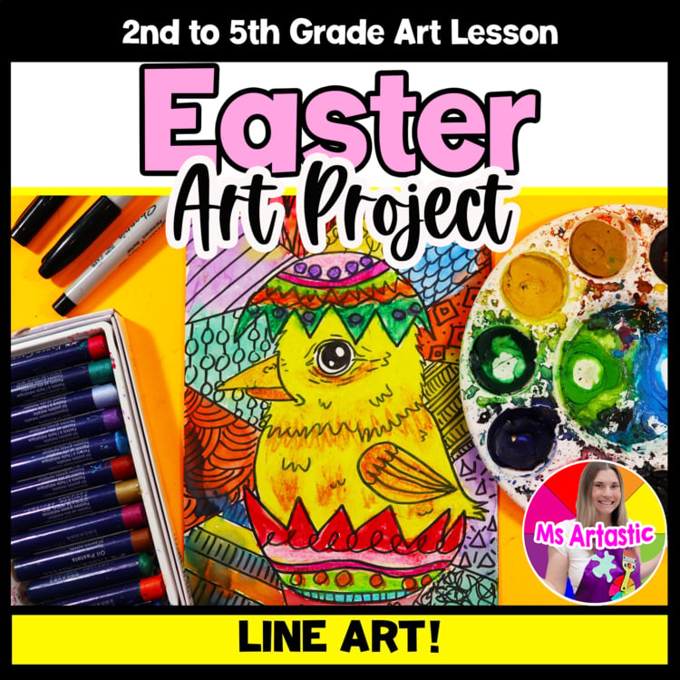 Easter Chick Line Art Lesson Easter Chick Colorful Easter Art Project Activity