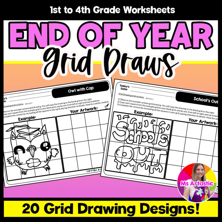 End of the Year Cartoon Grid Drawing Worksheets End of Year Drawing Art Activity