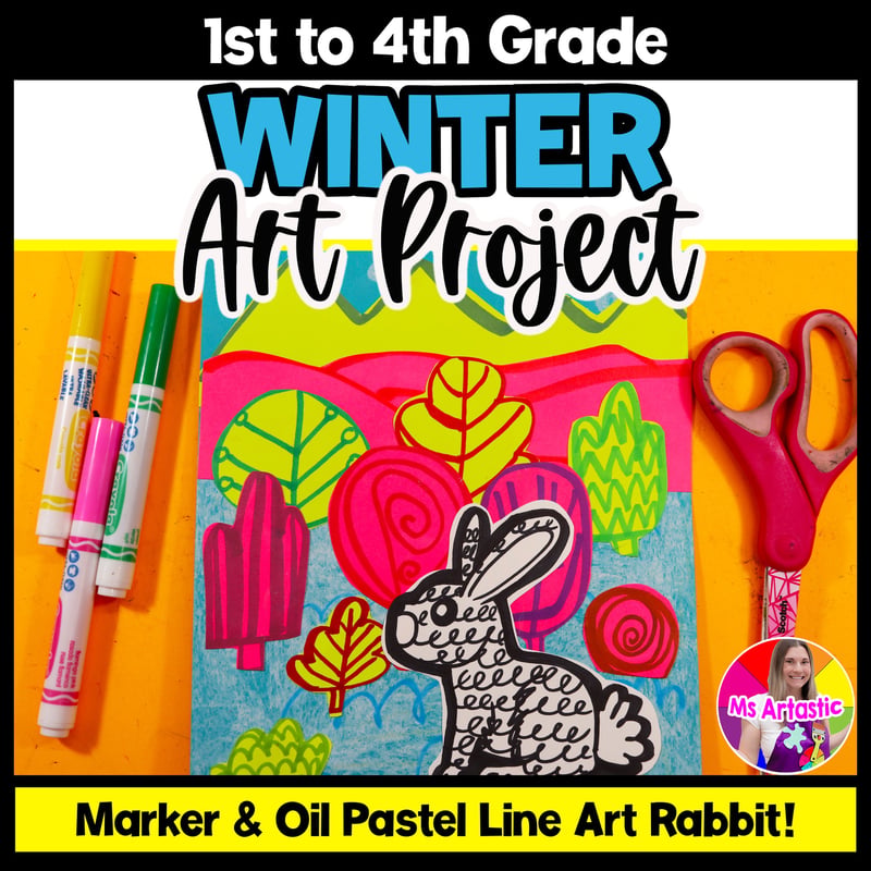 Winter Art Project Rabbit Line Art Lesson Primary Elementary Winter Art Activity