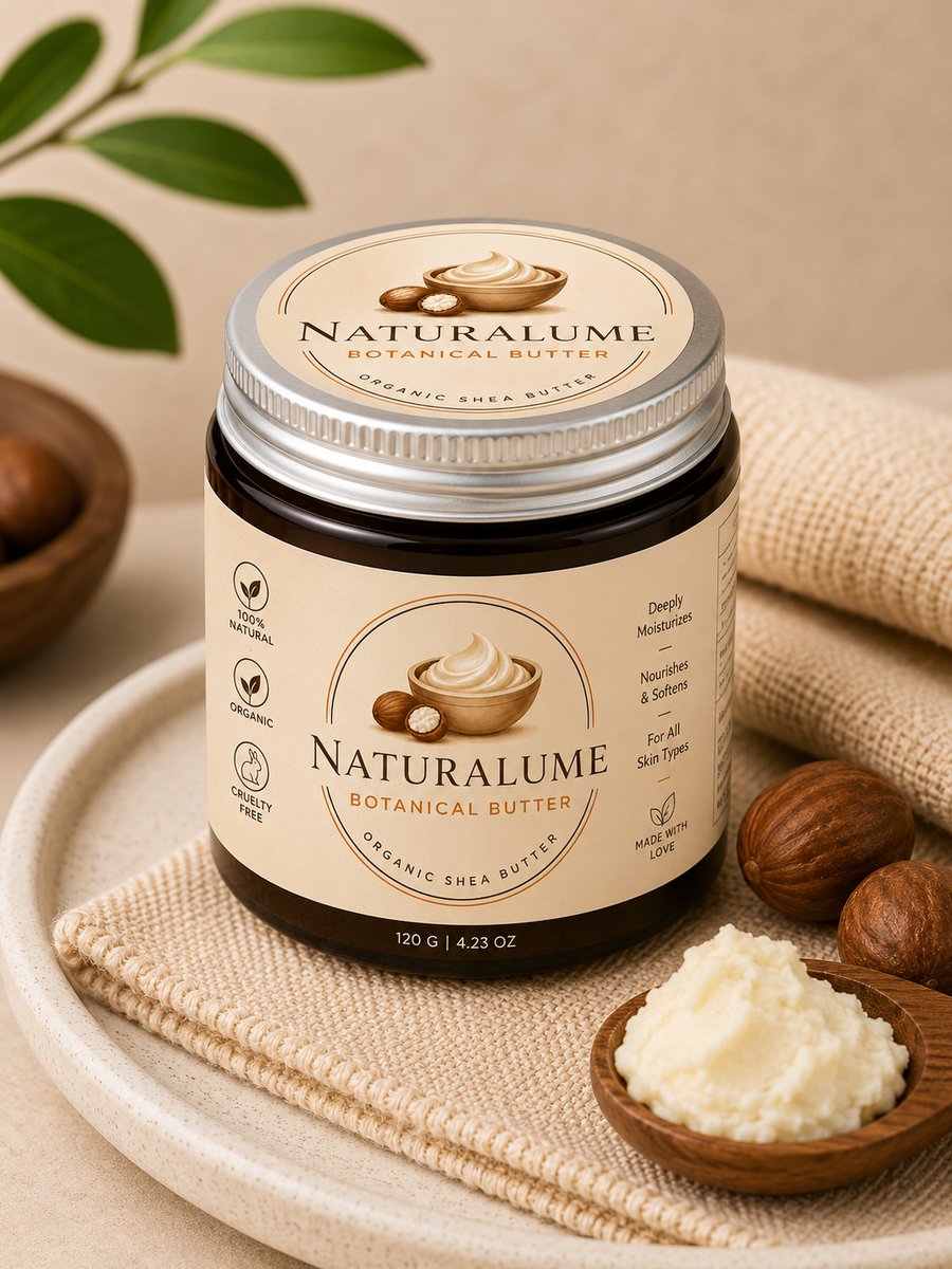 Naturalume Botanical Butter 120g in a reusable amber glass jar