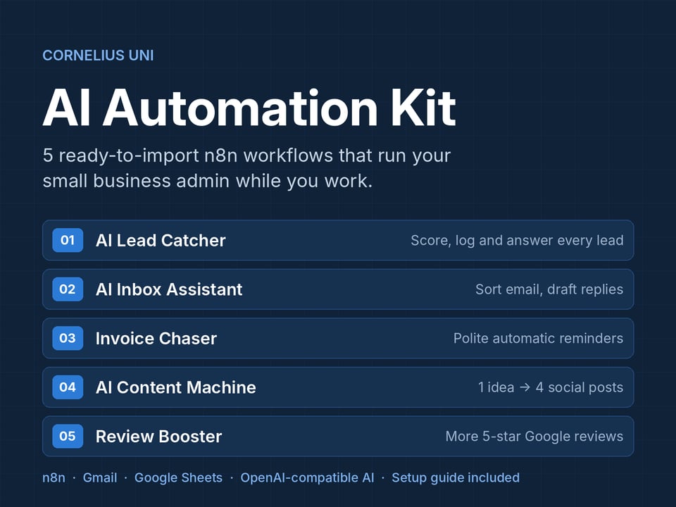 AI Automation Kit cover listing the five n8n workflows