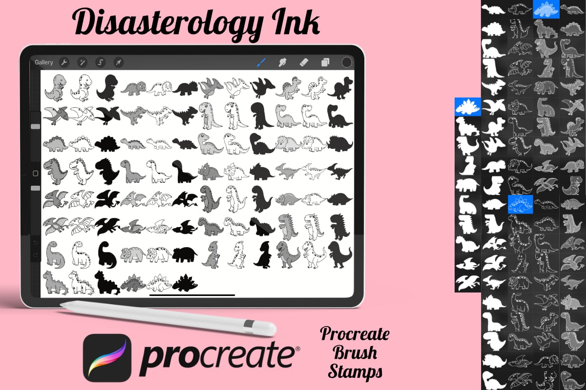 Cartoon Dinosaurs, Outlines and Silhouette Set 1 Procreate Brush Stamps ...