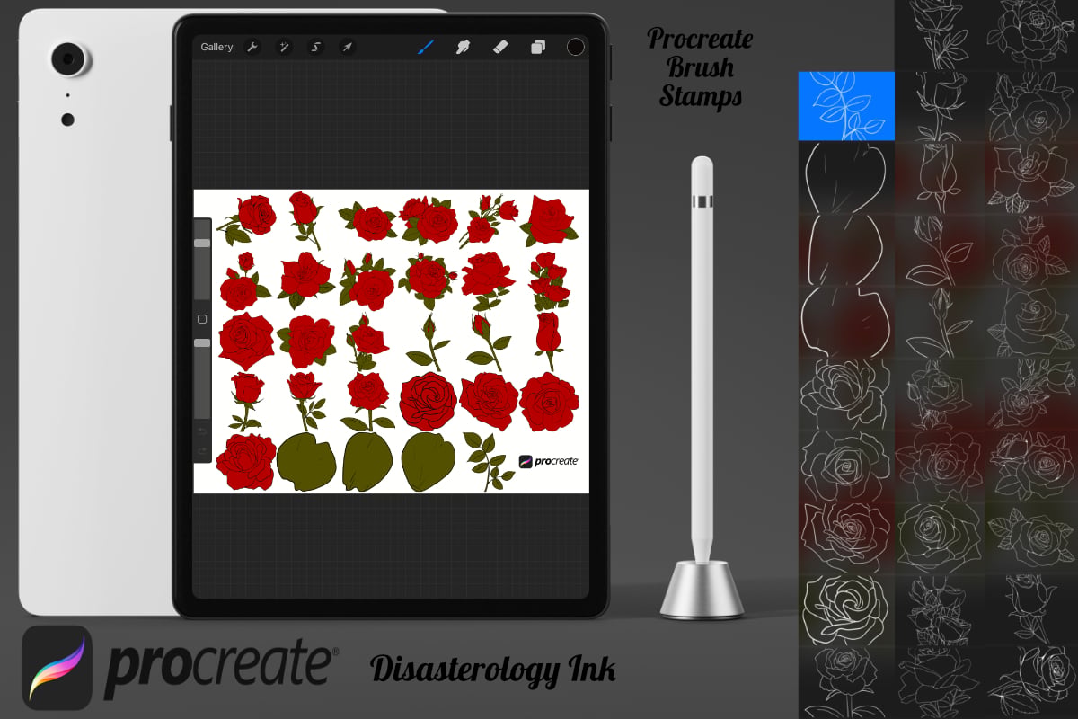 Rose Outlines Procreate Brush Stamps Set 2, 29 Rose Outline Brushes ...