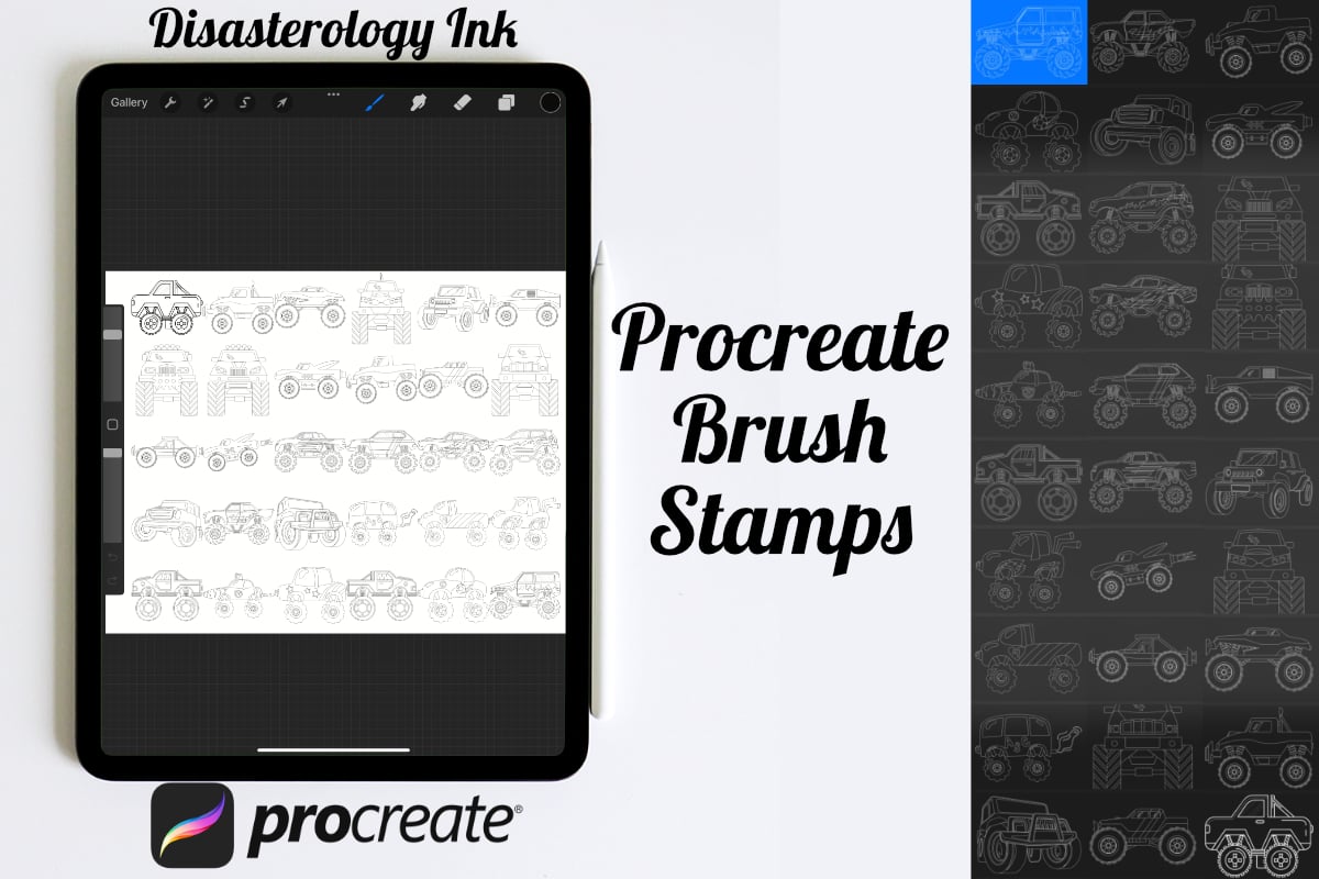 Monster Trucks Outlines Set 1 Procreate Brush Stamps, 30 Monster Trucks ...