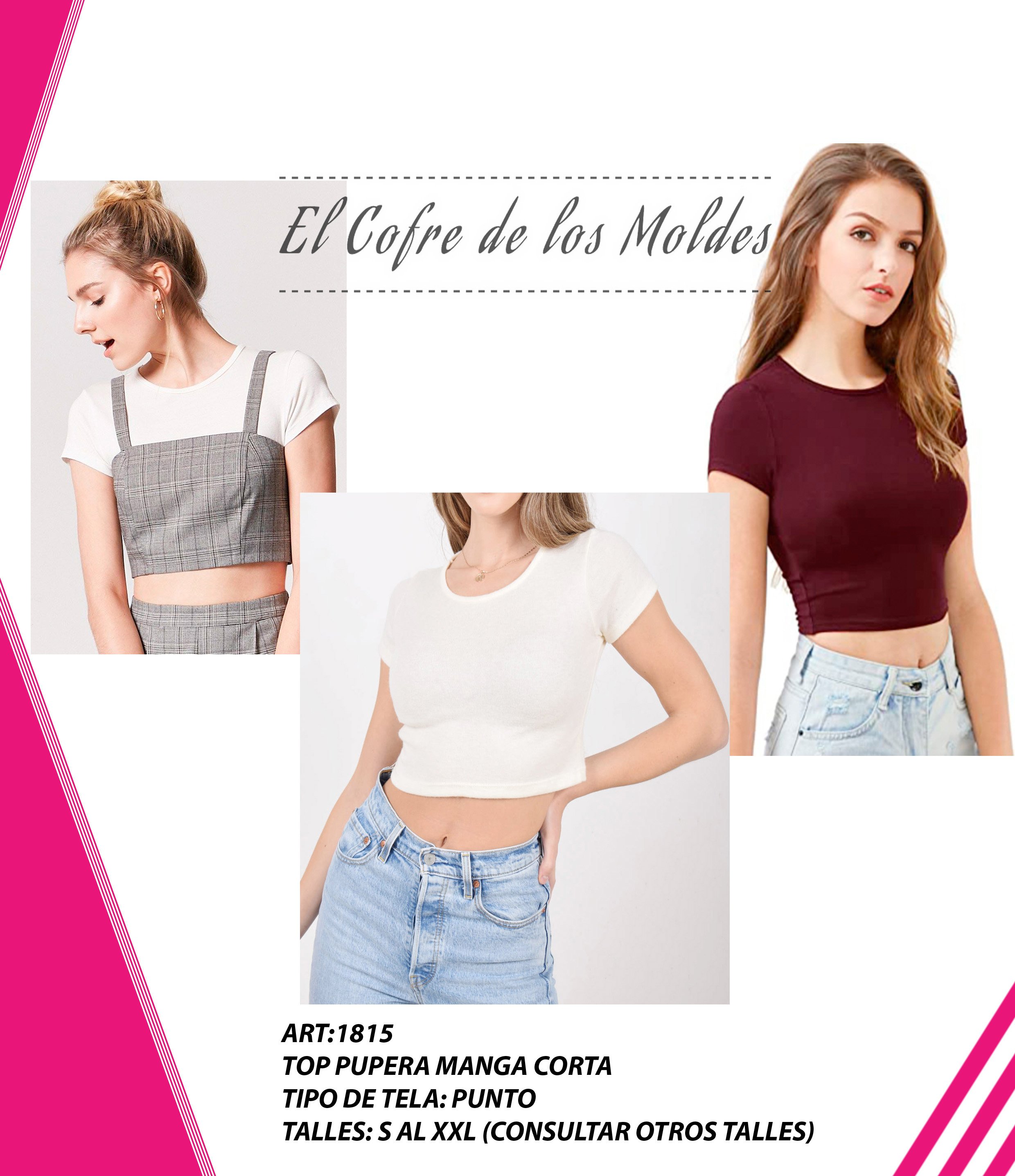 Molde Digital PDF Top Pupera Cuello redondo manga corta, Pack Talles S ...