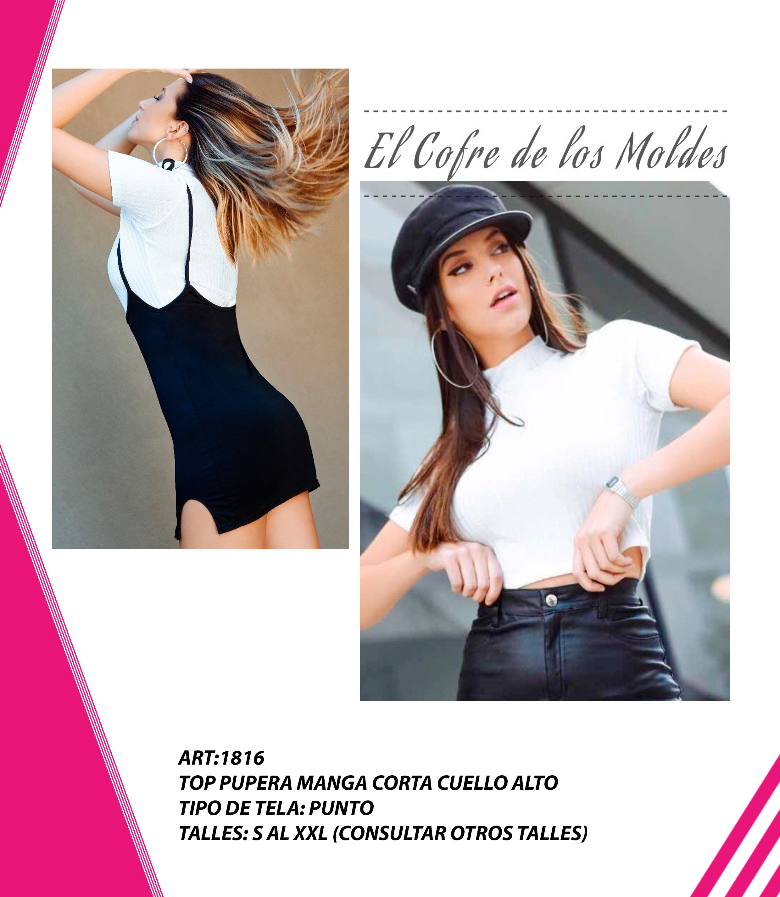 Molde Digital PDF Top Pupera cuello alto manga corta, Pack Talles S al ...