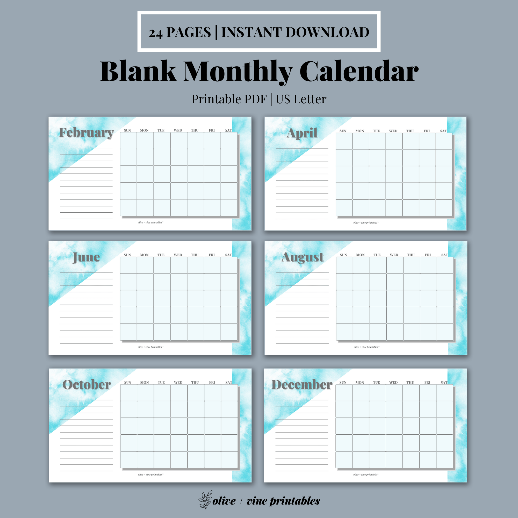 12-Month Undated Monthly Printable Calendar | Blue Watercolor - Payhip