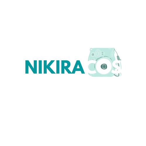The word "NIKIRA" in all caps in teal color and "COS" in all caps in white color with a mint gream camera illustration behind "COS"