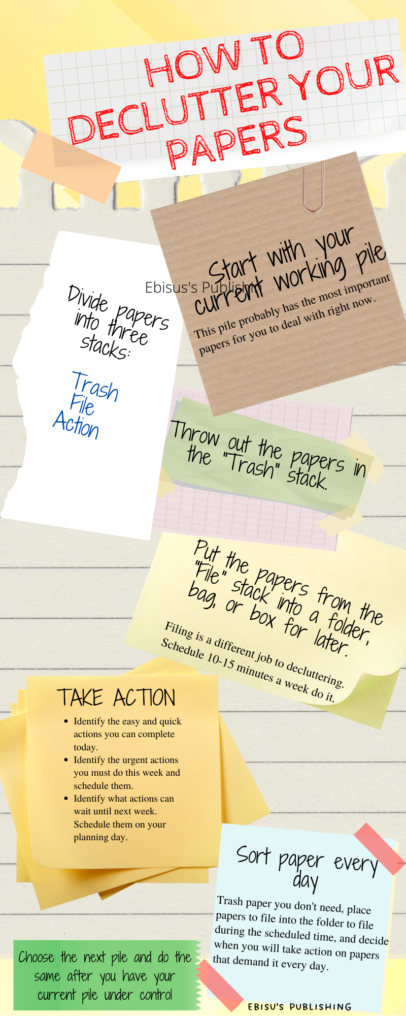 This image is of the free printable  infographic that can help you tackle the piles of papers in your house. Start with your working pile, follow the steps, and when you understand how to implement the system, choose the next most important pile to tackle