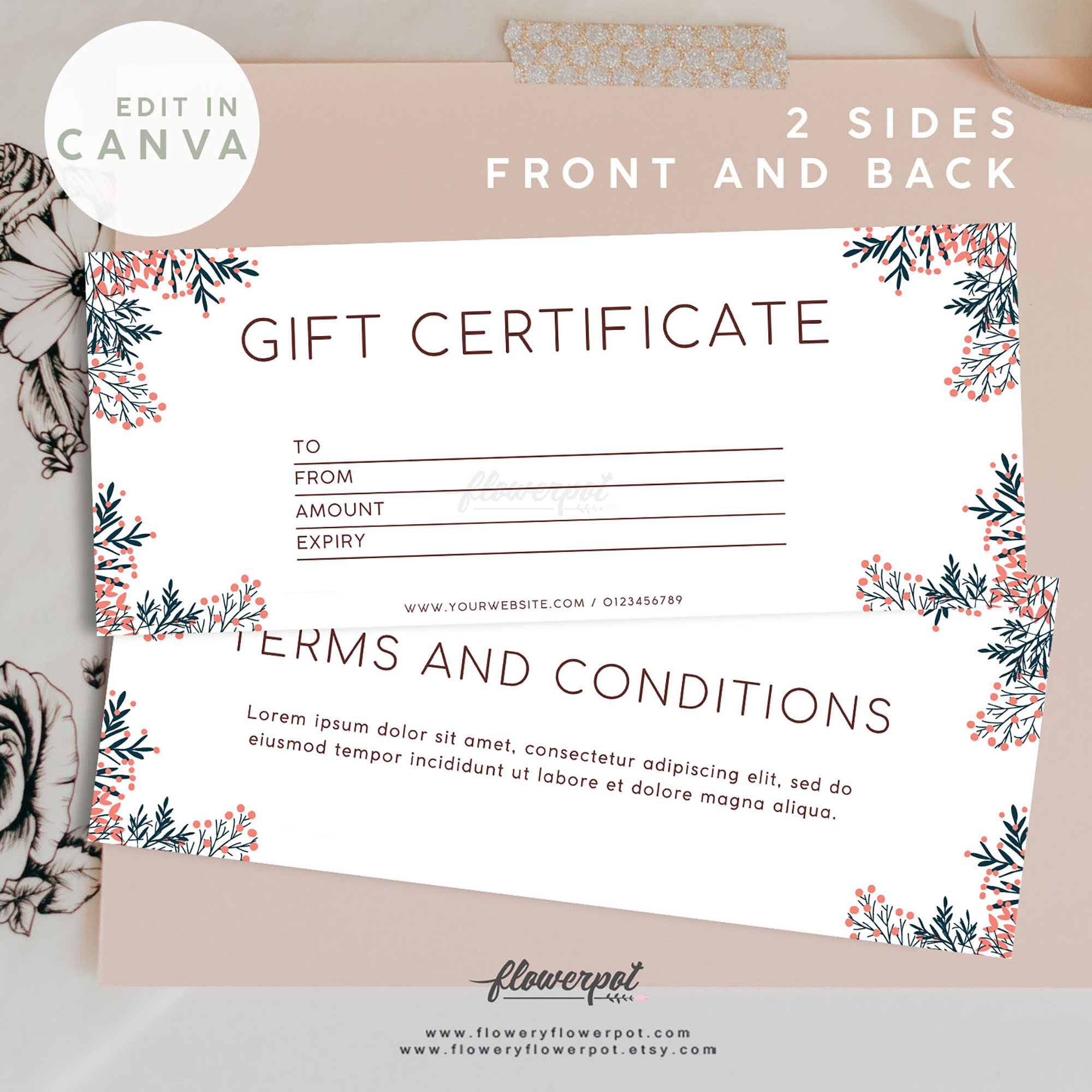 Salon Gift Certificate, Gift Voucher Template, Spa Gift Card Printable for Teacher, Wedding Gift for Bridesmaid, Massage Gift Certificate - GC036 for Gift Card Templates Free Printable