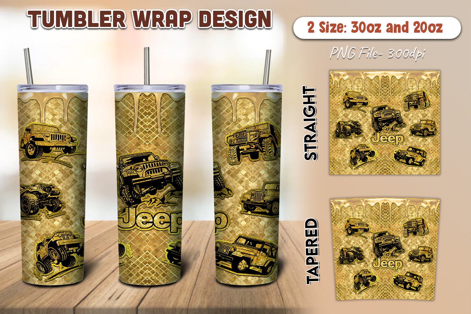 Jeep Gold Tumbler Design, Skinny Tumbler Sublimation Designs for