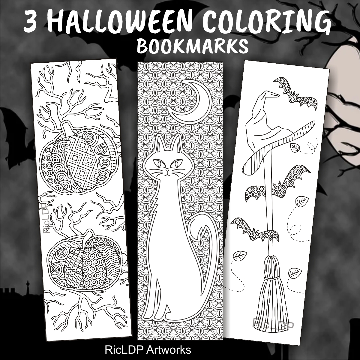 Set of three coloring bookmarks in black and white. Doodles