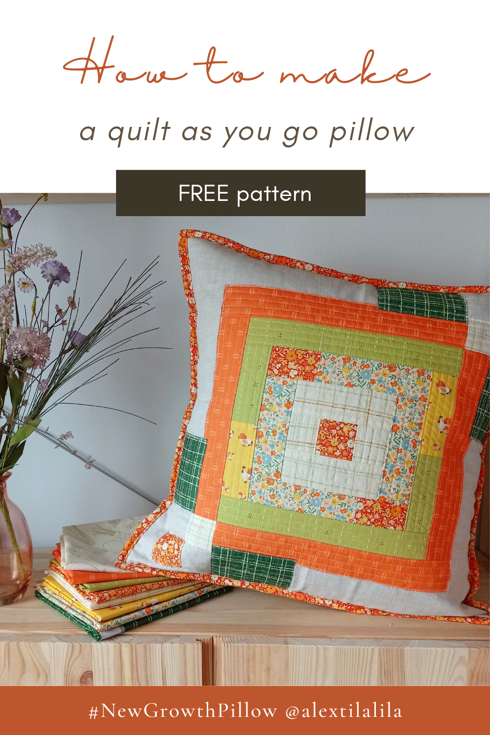 A new free quilted pillow pattern by Alexandra Bordallo. The New Growth pillow pattern is a quilt-as-you-go tutorial to learn how to make a qayg pillow. Featuring Grow and Harvest fabric collection designed by Alexandra Bordallo for Art Gallery Fabrics