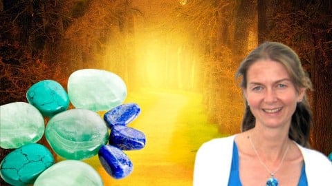 Karin Bain with turquoise, green aventurine and lapis crystals with shining path in background