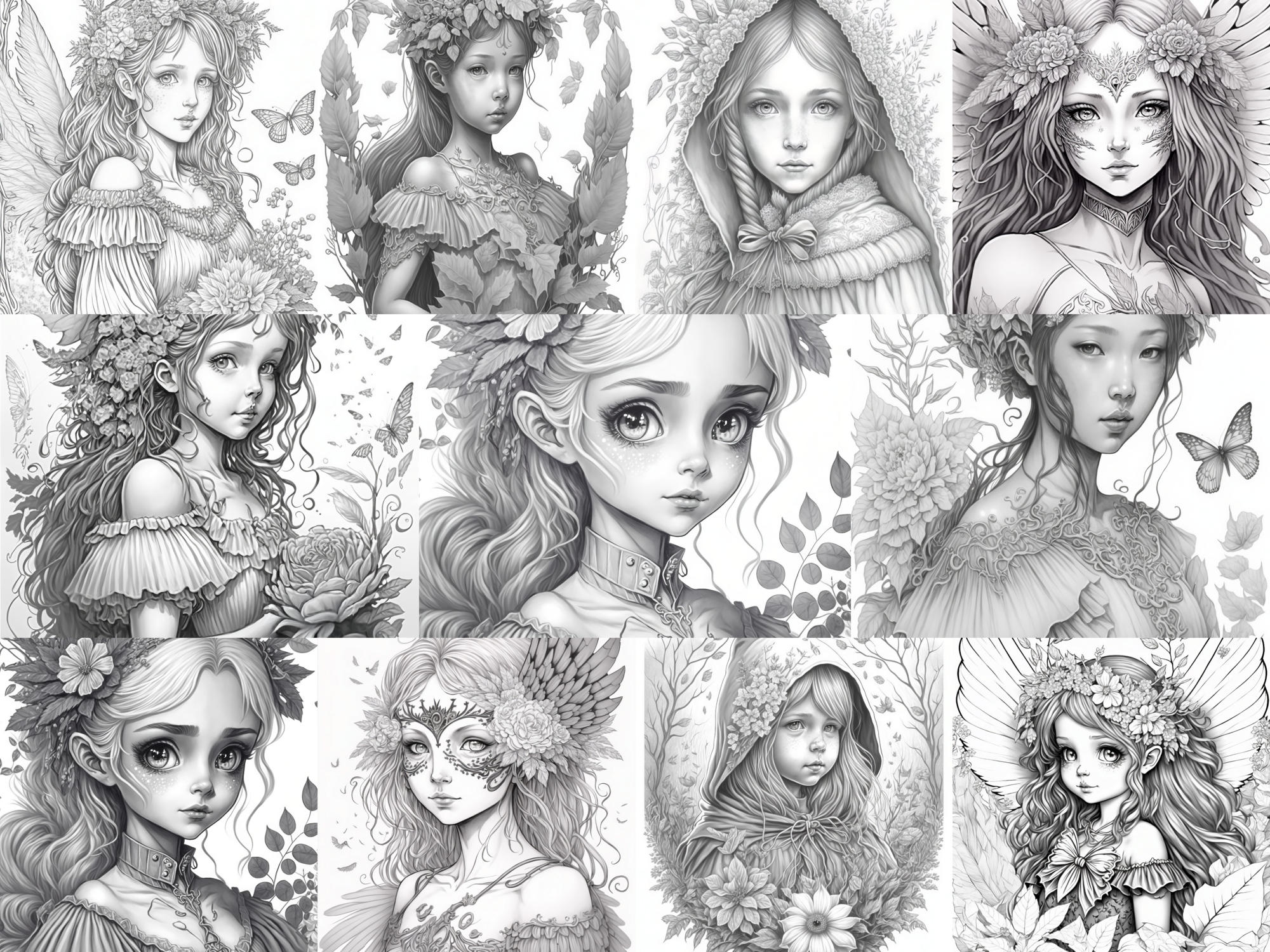 5 Pages Fairies Digital Downloads Instant Coloring Pages, Fairy Hair,  Fairy, Adult Color Book 