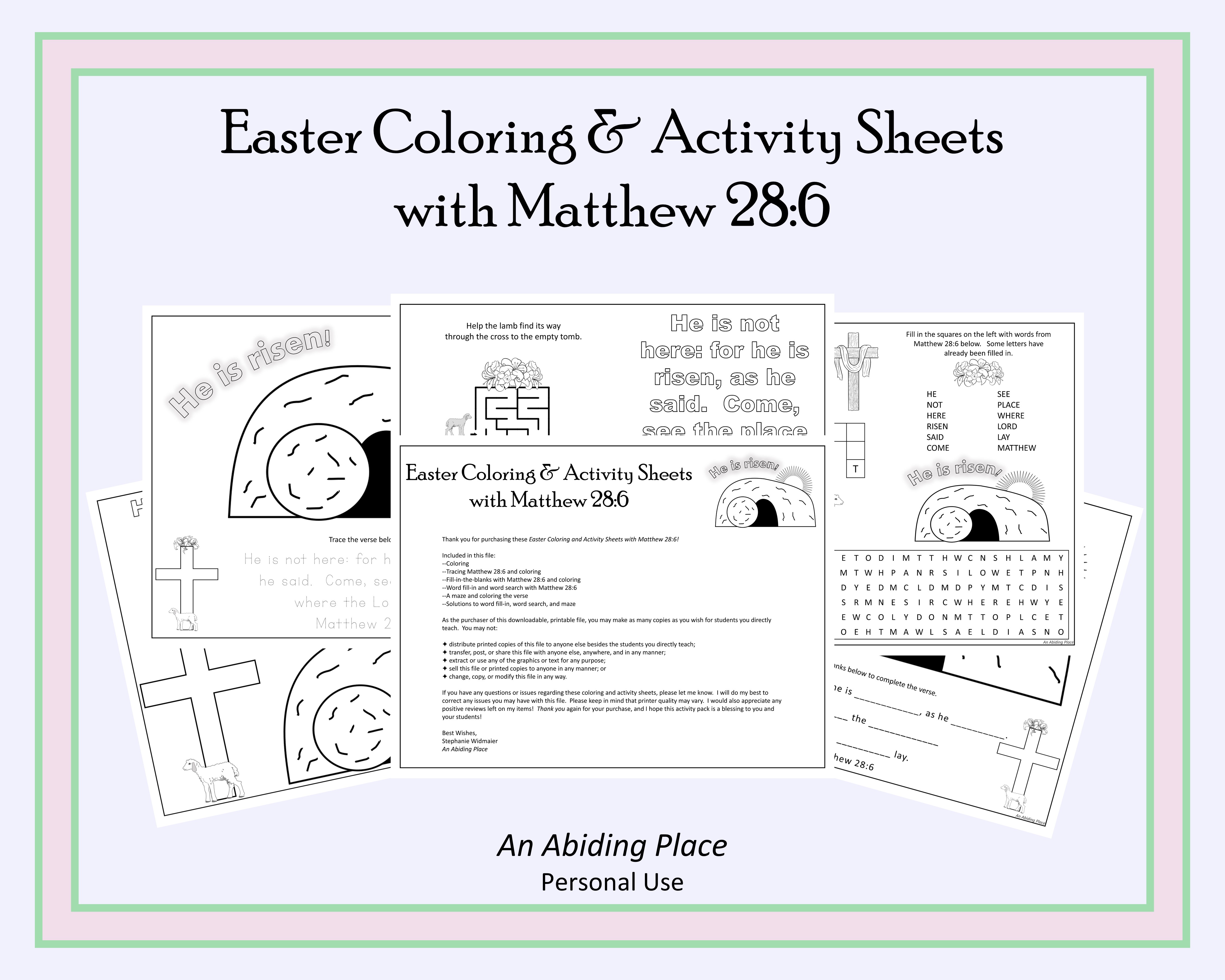 Easter Coloring & Activity Sheets with Matthew 28:6 - Payhip