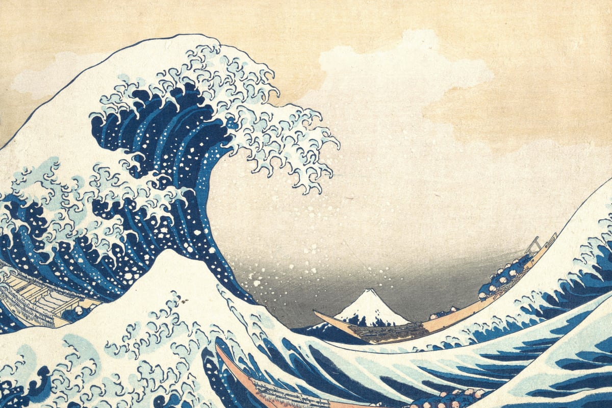 Artwork: The Great Wave off Kanagawa by Katsushika Hokusai is a wood block print in the ukiyo-e style. It shows 3 Japanese fishing boats that are about to be overcome by a giant wave.
