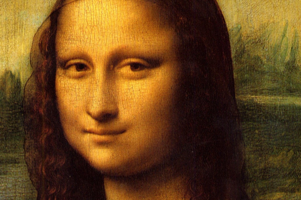 Artwork: Mona Lisa by Leonardo da Vinci is a portrait of Lisa Gherardini, wife of Francesco del Giocondo. This piece of the image shows her famous smile and mischevious sideways glance.