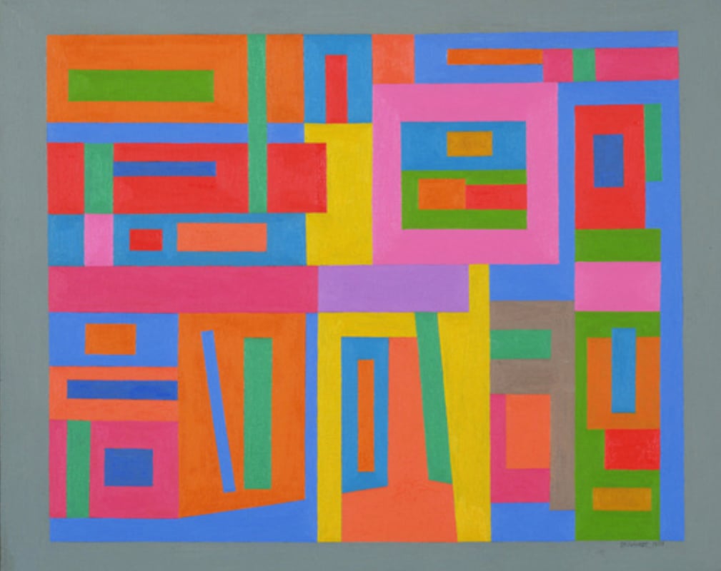 ntitled. 1938. by Ad Reinhardt is an abstract painting of brightly colored rectangular shapes on a gray background.