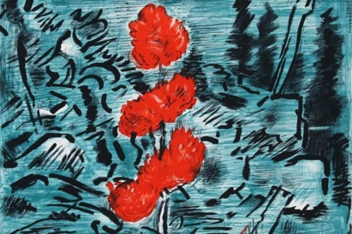Painting: Joyous Note by Karl Schrag has an abstract blue and black background with a single stem of bright red flowers front and center.