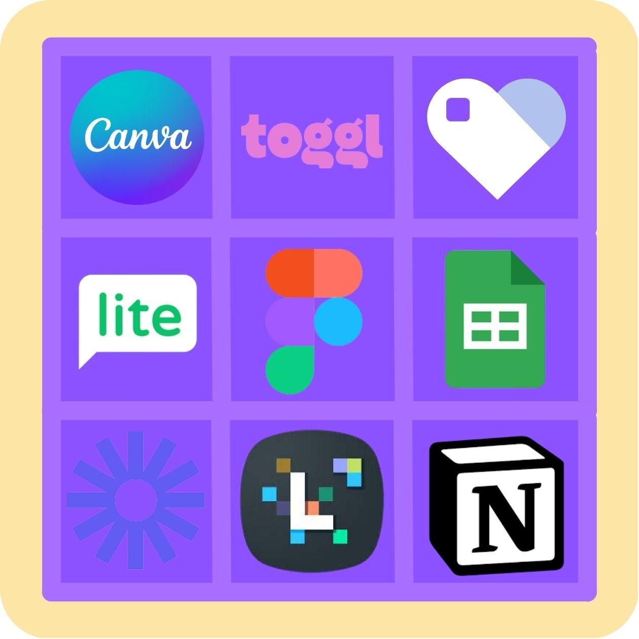 Light yellow background, purple 3 by 3 grid, notion logo, Later logo, canva logo, Mailerlite logo, google sheets logo, figma logo, toggl logo, loom logo, payhip logo