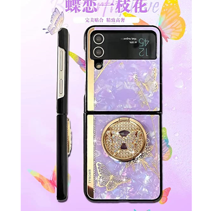 New Luxury  Samsung Galaxy Z Flip 3 Z Flip 4 5G Phone Case Creative Mirror 3D Ring Stand Inlaid Butterfly Shockproof Cover