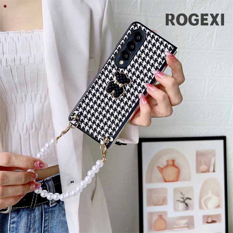 Flower Bear Houndstooth Leather Phone Case with 3D Cute Design and Pearl Chain for Samsung Galaxy Z Fold Series Z Fold 3/4/5G