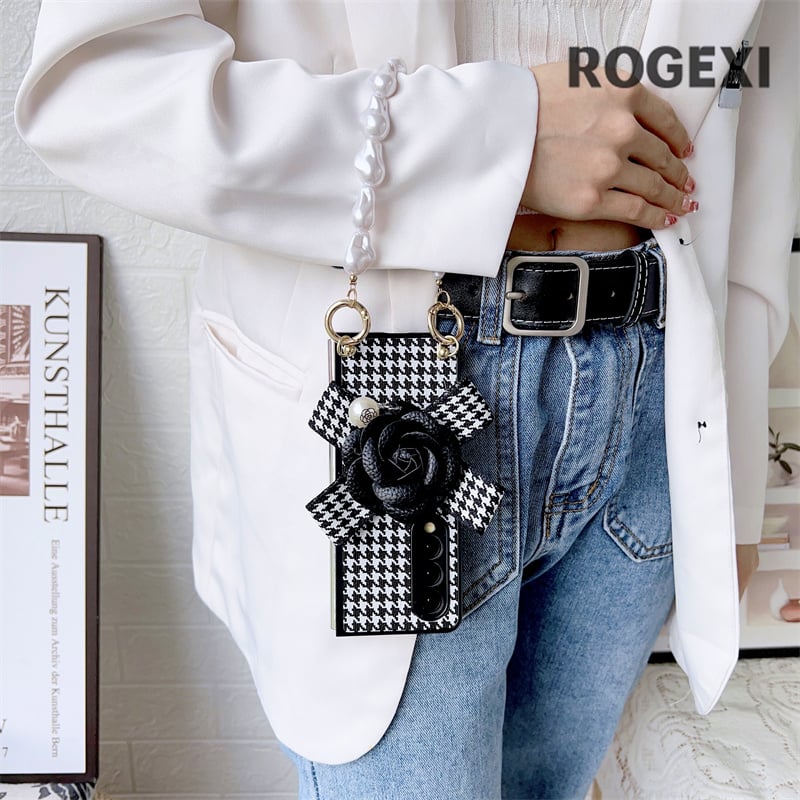 Flower Bear Houndstooth Leather Phone Case with 3D Cute Design and Pearl Chain for Samsung Galaxy Z Fold Series Z Fold 3/4/5G