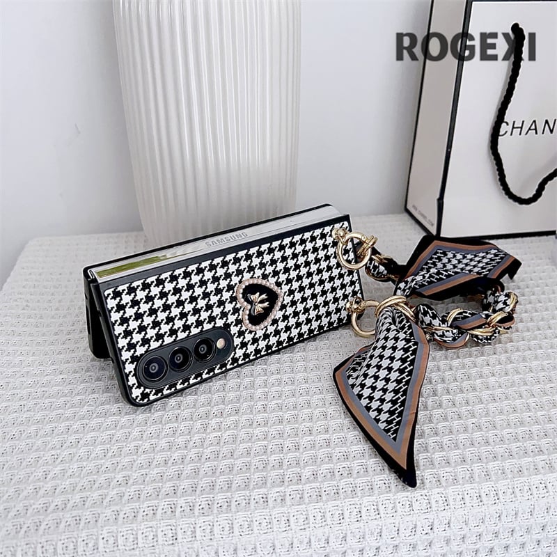 Flower Bear Houndstooth Leather Phone Case with 3D Cute Design and Pearl Chain for Samsung Galaxy Z Fold Series Z Fold 3/4/5G