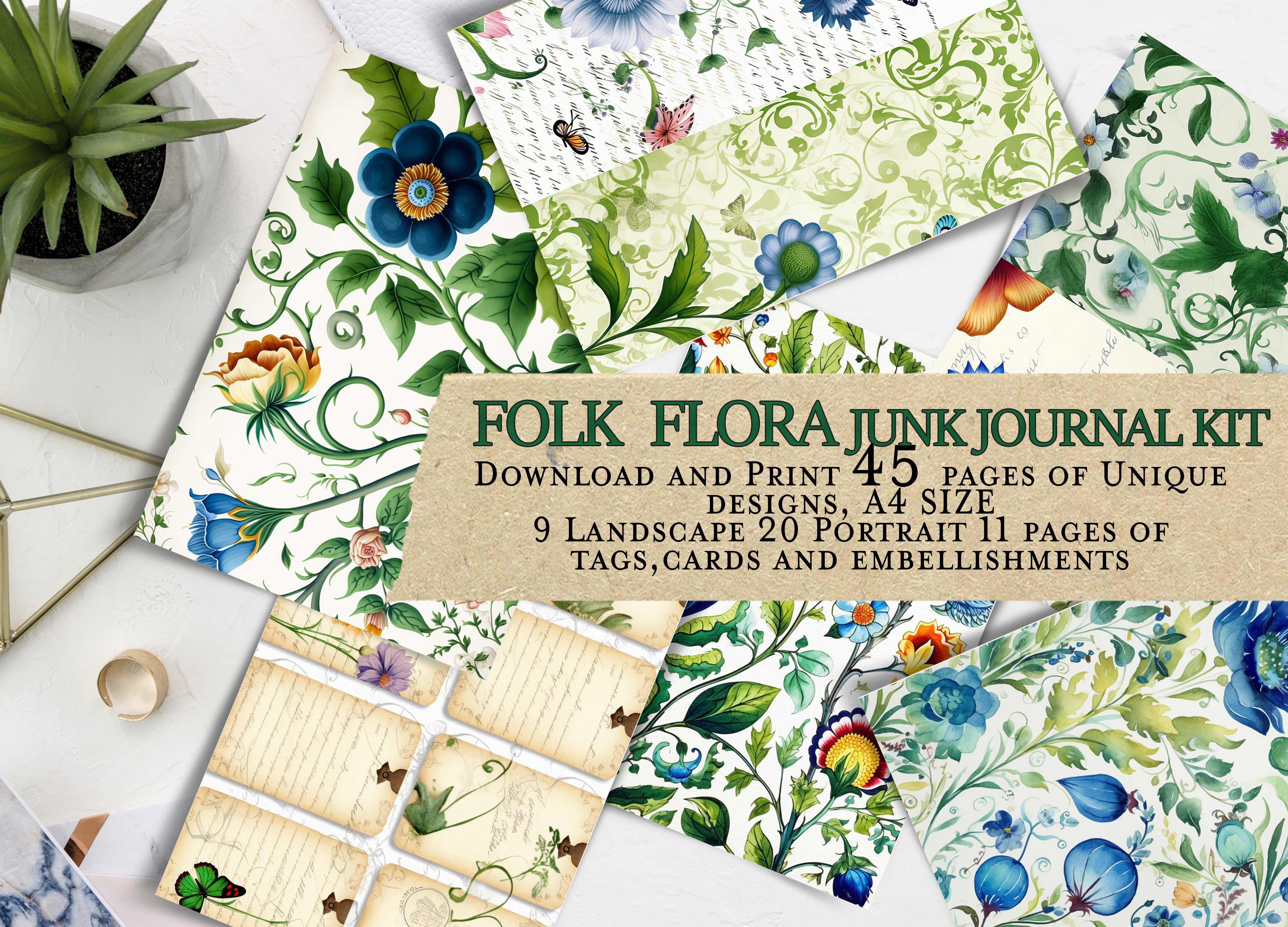 Digital Junk Journal Kit - 45 Printable Botanical Watercolor Floral ...