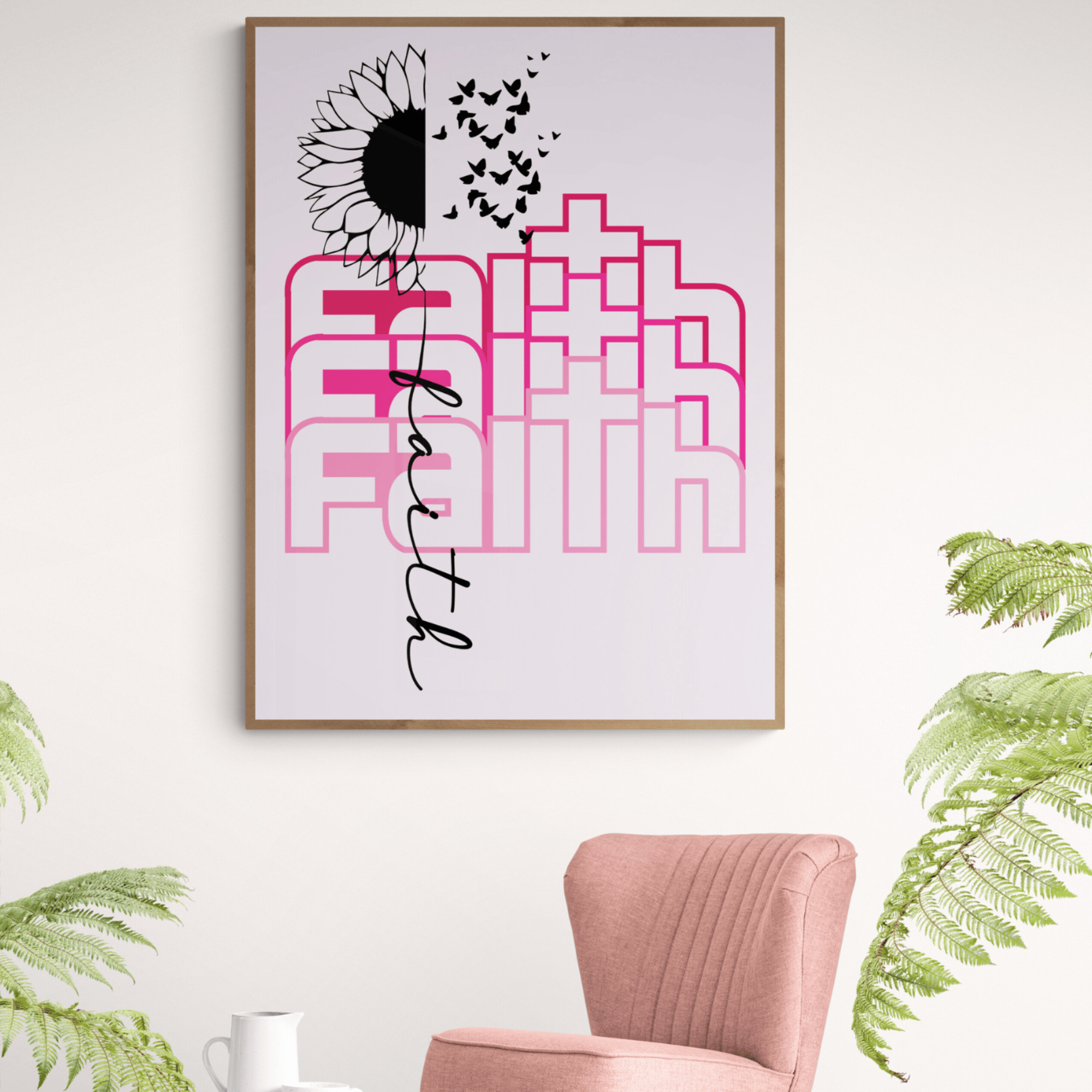 Faith Pink Script Typography Sunflower Butterflies Printable Wall Art ...