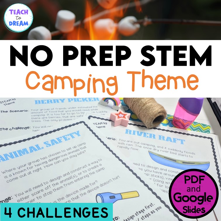 Camping Theme Activities STEM Challenges | 4 STEAM Task Cards | No Prep
