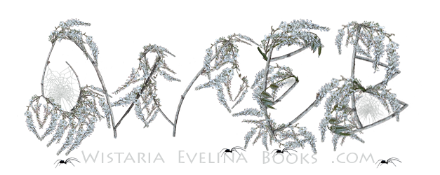 Branches of a wisteria tree create a W E B. Below is, wistariaevelinabooks.com.